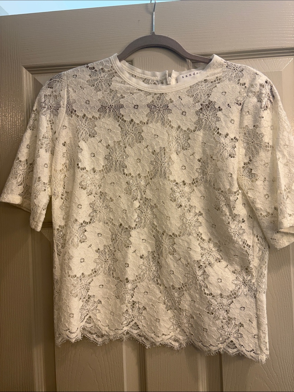Sandro Cream Lace Floral Short Sleeve Top